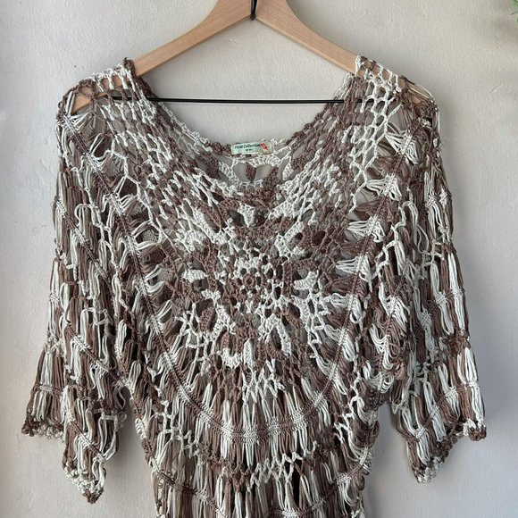 Vintage Y2K Vivid Collection Brown White Crocheted Swim Cover Up Blouse - Picture 2 of 10